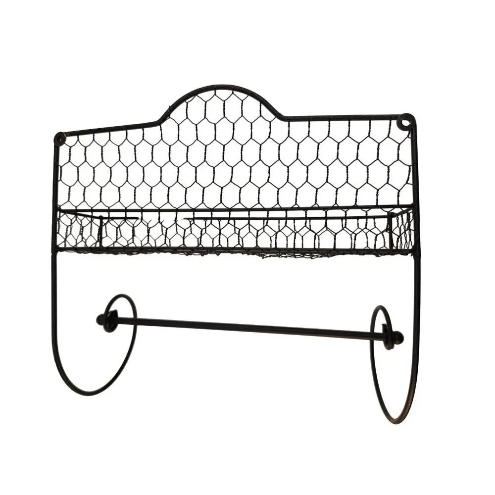 Black Metal Wire Wall-Mounted Shelf & Paper Towel Holder With Decorative Chicken - Picture 2 of 8